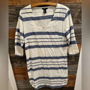 H&M cotton striped blouse mini dress tunic vneck blue white airy 3/4 sleeve US8
